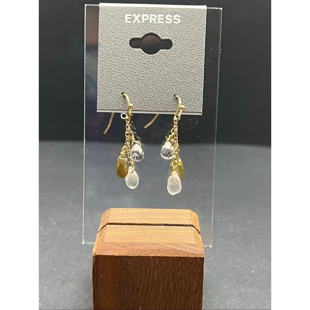 Express Gold Tone Teardrop Clear Resin Crystal Dark Amber Bead Dangle Earrings